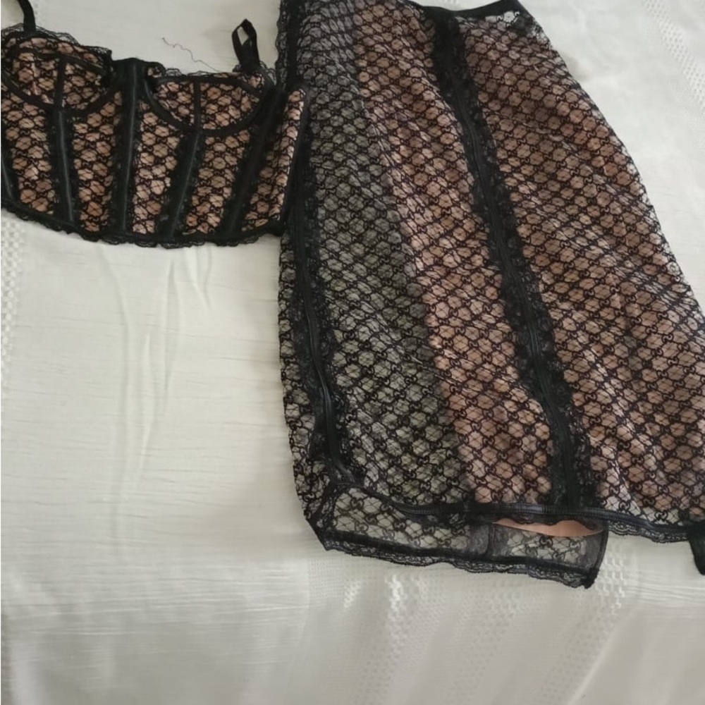 Gucci Black Lace Overlay Nude Slip Midi Dress